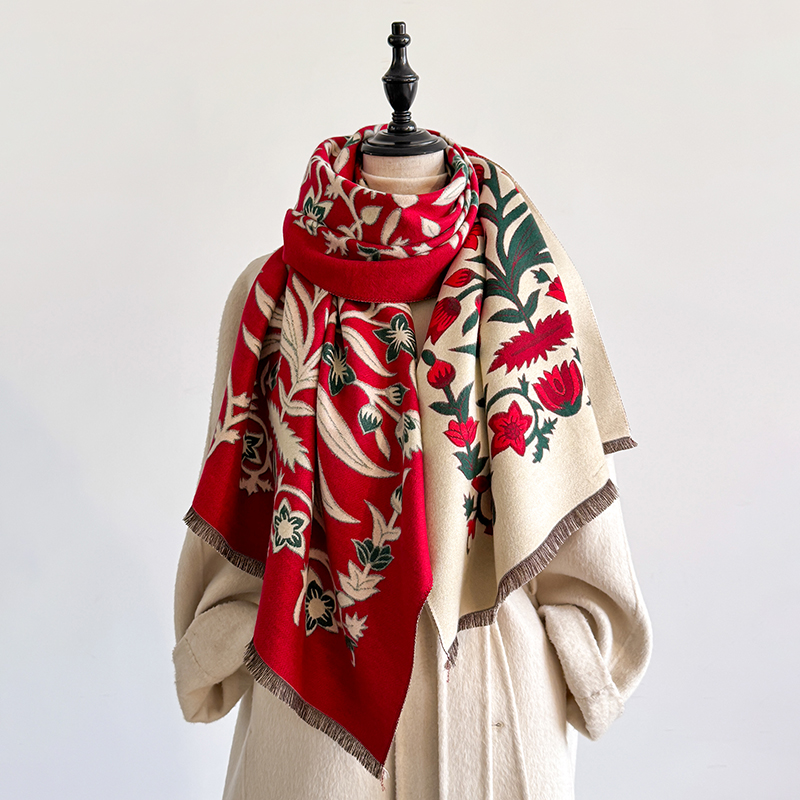Châle Pashmina Jacquard Floral élégant pour femmes-hiver épais chaud Double face gland conception résistant au froid coupe-vent couverture écharpe