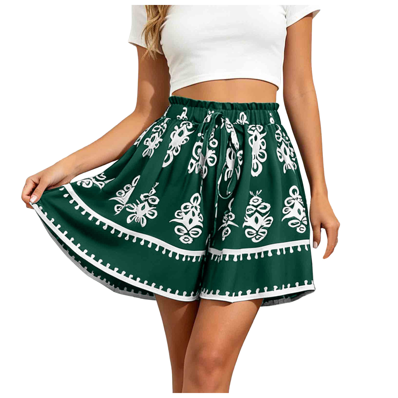Shorts Bohèmes Imprimés pour Femmes, Taille Haute Élastique, Jambes Larges Fluides, Style Ethnique Bohème, Short-Jupe Décontracté d'Été pour la Plage