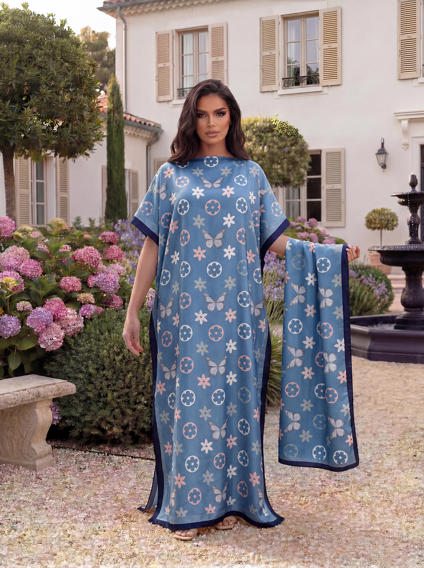 Abaya à imprimé floral papillon de Dubaï avec foulard assorti, robe maxi kaftan ample à col bateau et manches chauve-souris pour femmes musulmanes africaines