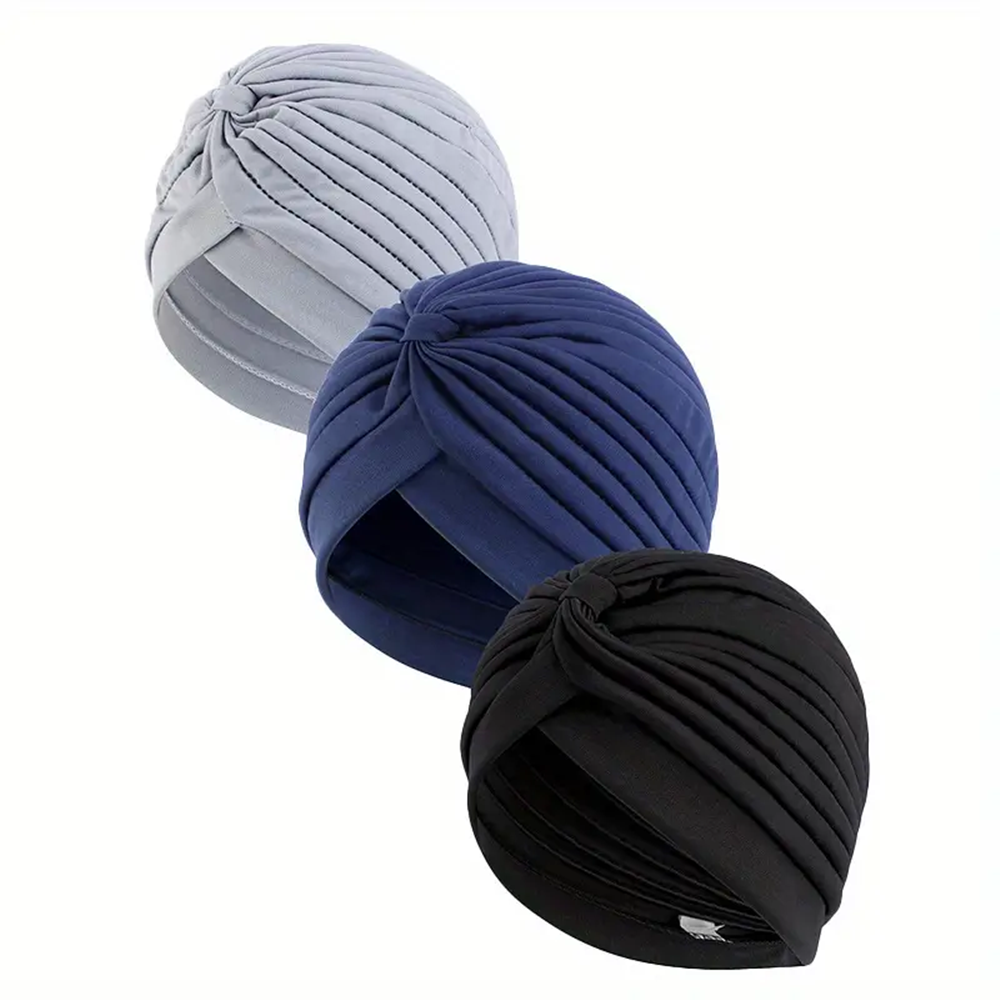 Lot de 3 bonnets turban torsadés élastiques pour femmes, hijab musulman, couleur unie, extensible, doux, pour chimiothérapie