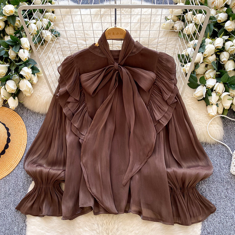 Chemisier Femme Printemps Automne Tendance Rétro Français Décontracté Haut de Gamme à Pois avec Manches Bouffantes et Nœud S263