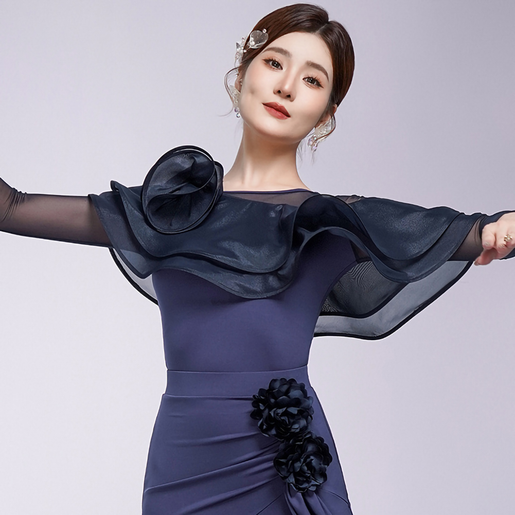 Hauts de danse de salon modernes Waltz pour femmes, châle à volants avec fleurs 3D, body moulant à manches longues, vêtements de danse d'entraînement en violet, rouge, bleu, noir.