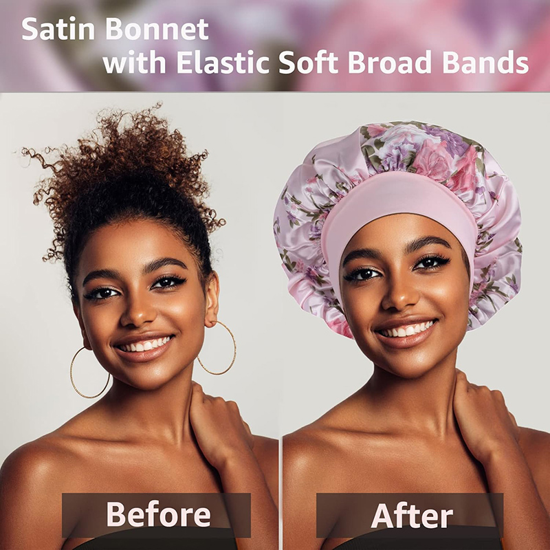 Bonnet de nuit en Satin à large bord, motif Floral, enveloppe pour cheveux, bonnet de nuit, bande élastique souple, soins capillaires, chapeau de douche, 4 pièces/lot