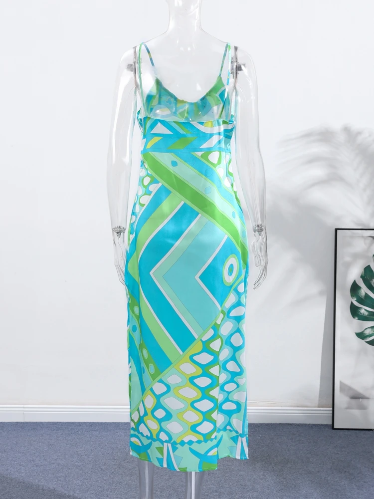 Nouvelle Robe Imprimée Chic pour Femme, Col V, Sans Manches, Dos Nu, Taille Cintrée, Robe de Plage Été 2026