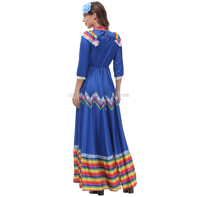 Robe maxi mexicaine traditionnelle à larges volants, rayée et colorée, pour femmes, costume de fête, de carnaval ou de danse, avec coiffe fleurie