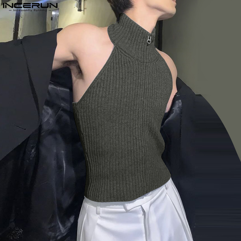INCERUN hauts 2025 Style coréen mode hommes tricoté Texture col suspendu Design gilets décontracté Streetwear solide fermeture éclair débardeurs
