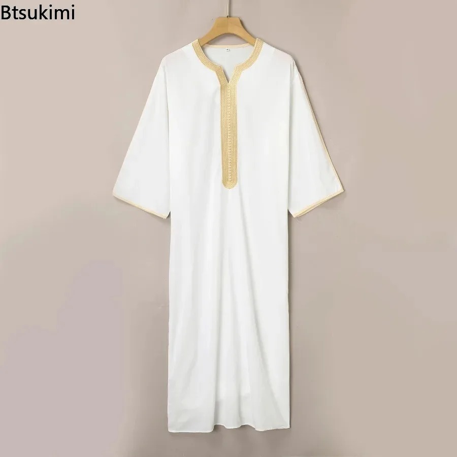 Nouvelle tenue musulmane pour hommes pour l'Aïd, style ethnique, abayas brodées à manches longues, robe ample décontractée de style saoudien, thobe musulman pour hommes