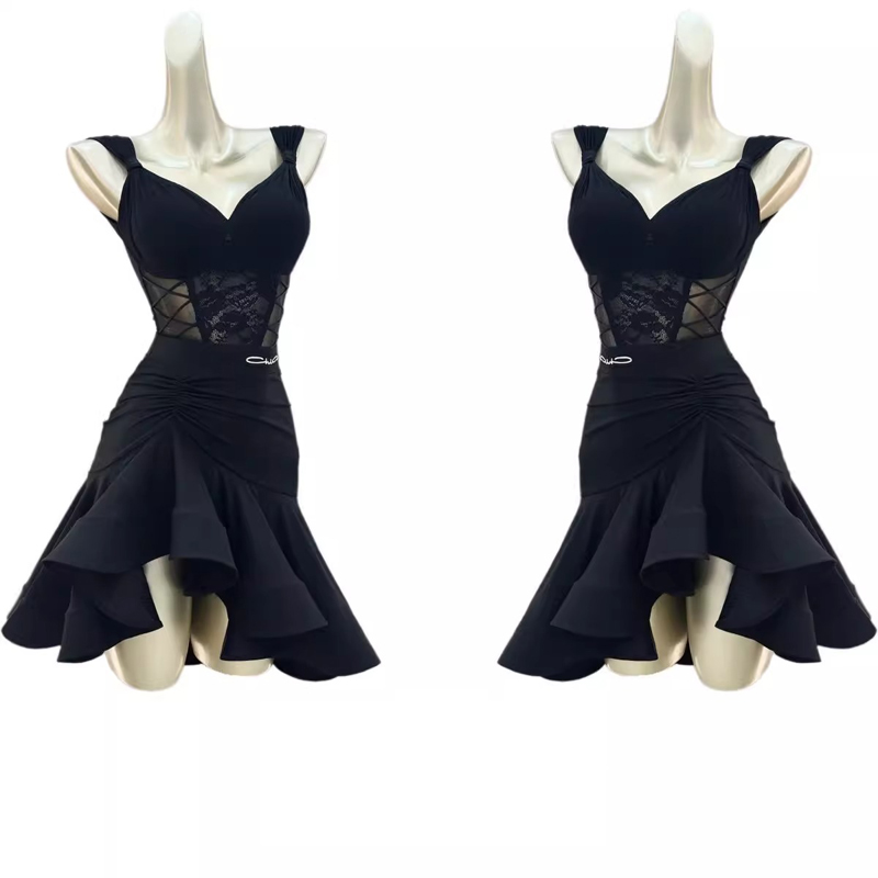 Robe de danse latine pour femmes, tenues avec soutien-gorge en dentelle, combinaisons, hauts, jupe à volants, Costumes de spectacle sur scène pour concours de danse pour adultes