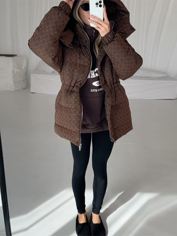 Manteau en coton épais imprimé pour femme, décontracté, fermeture éclair à capuche, fermeture à la taille, vestes chaudes, Chic, Streetwear, hiver 2025