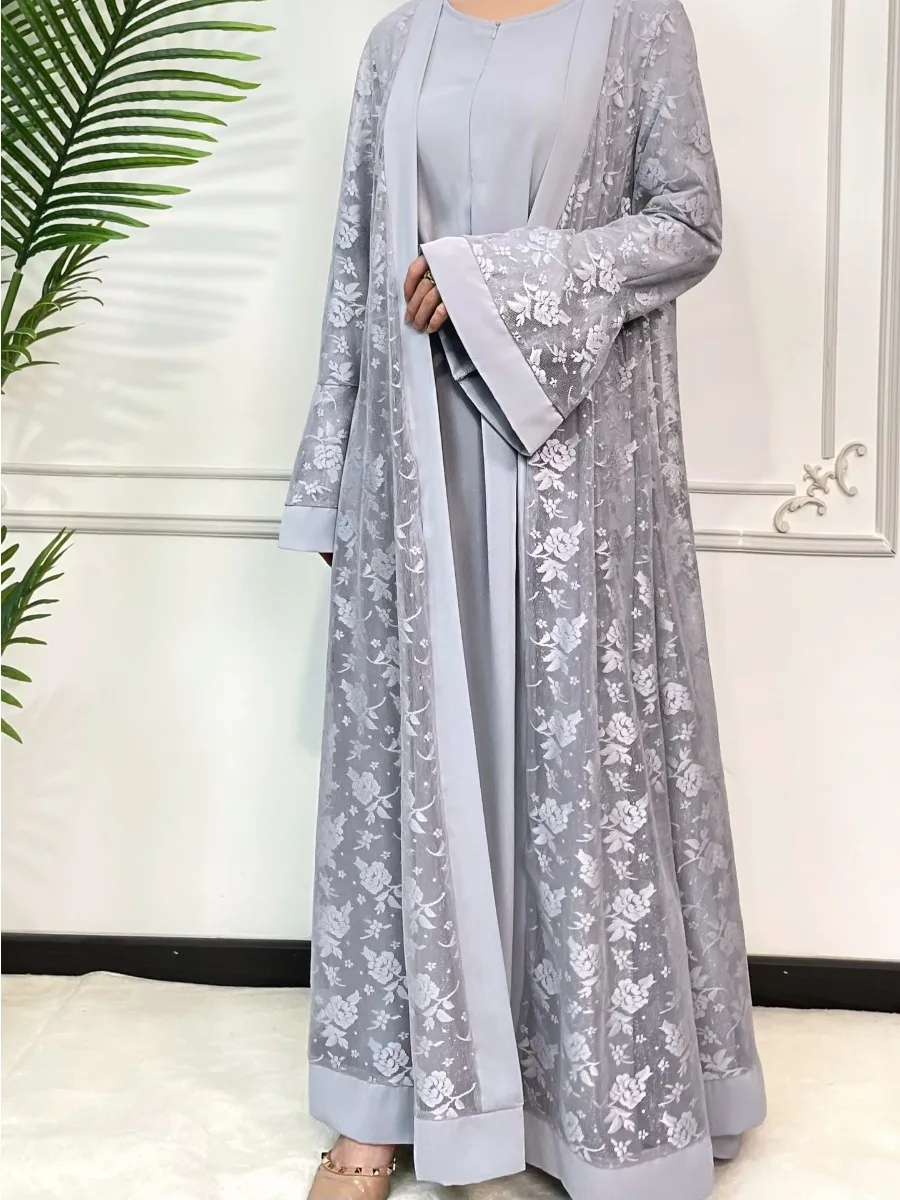 Robe intérieure en dentelle pour femmes, manches évasées, caftan long, Djellaba, robe de soirée de Dubaï, Ramadan, prière de l'Aïd, ensemble de 2 pièces, 2024