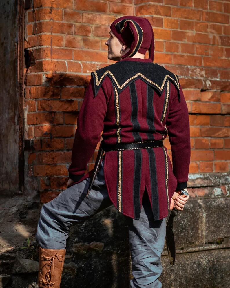 Costume de Cosplay de bouffon excentrique Cicero, ensemble veste et chapeau, tenue de bouffon maléfique, Costume de Clown médiéval pour hommes