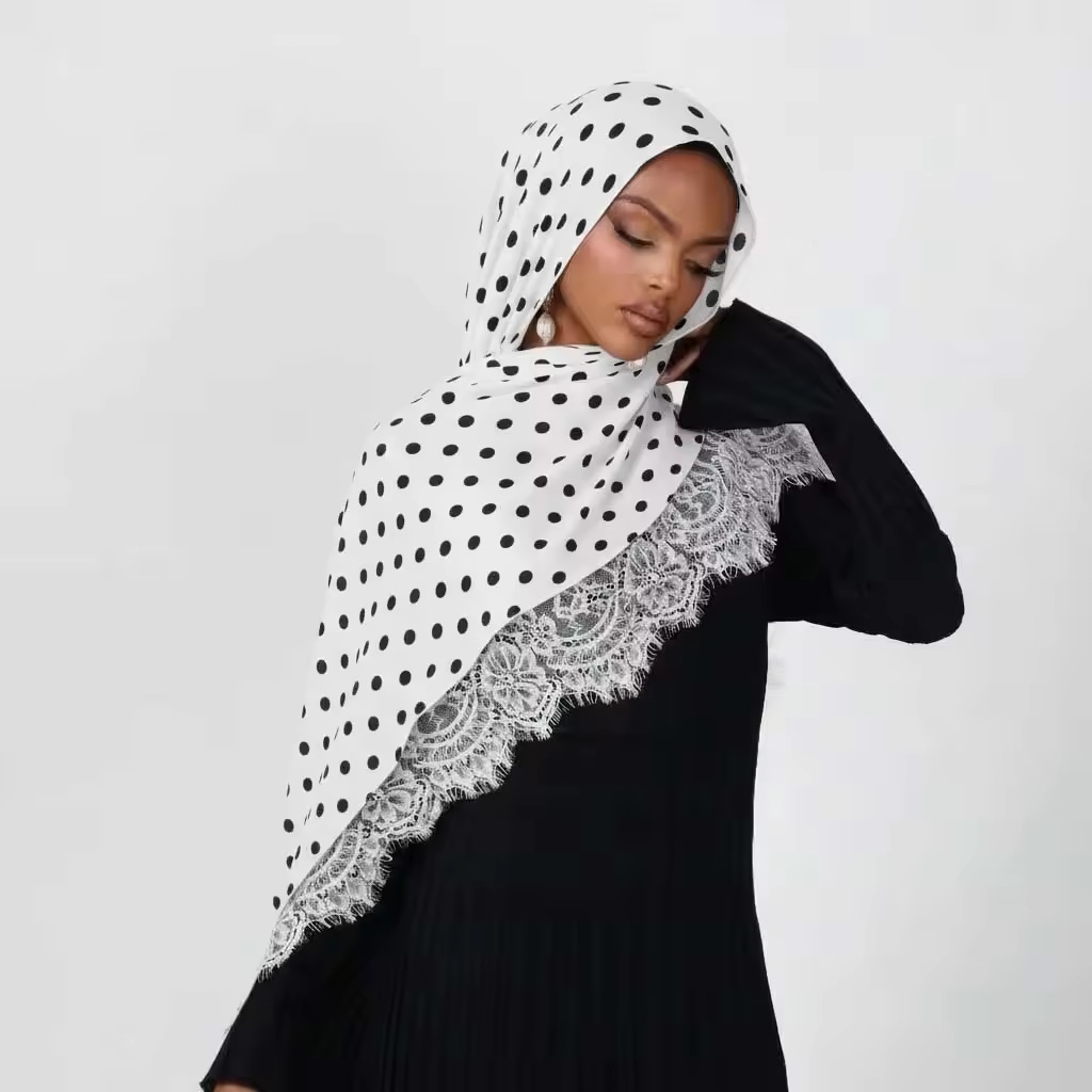 Nouveau Hijab Musulman Imprimé Dentelle à Pois pour Femme, Châle Turban Foulard Voile pour Femme Ramadan 180*70cm