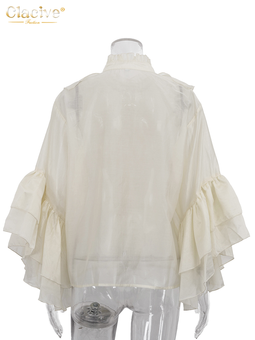 Chemisier blanc ample et élégant pour femme, col montant, manches longues, avec volants, style classique et tendance