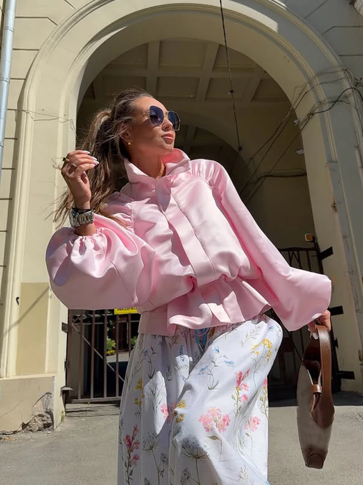 Veste rose en satin plissé avec cordon de serrage à la taille, col montant, manches longues, coupe ample pour femme – Nouvelle mode automne, tenues quotidiennes