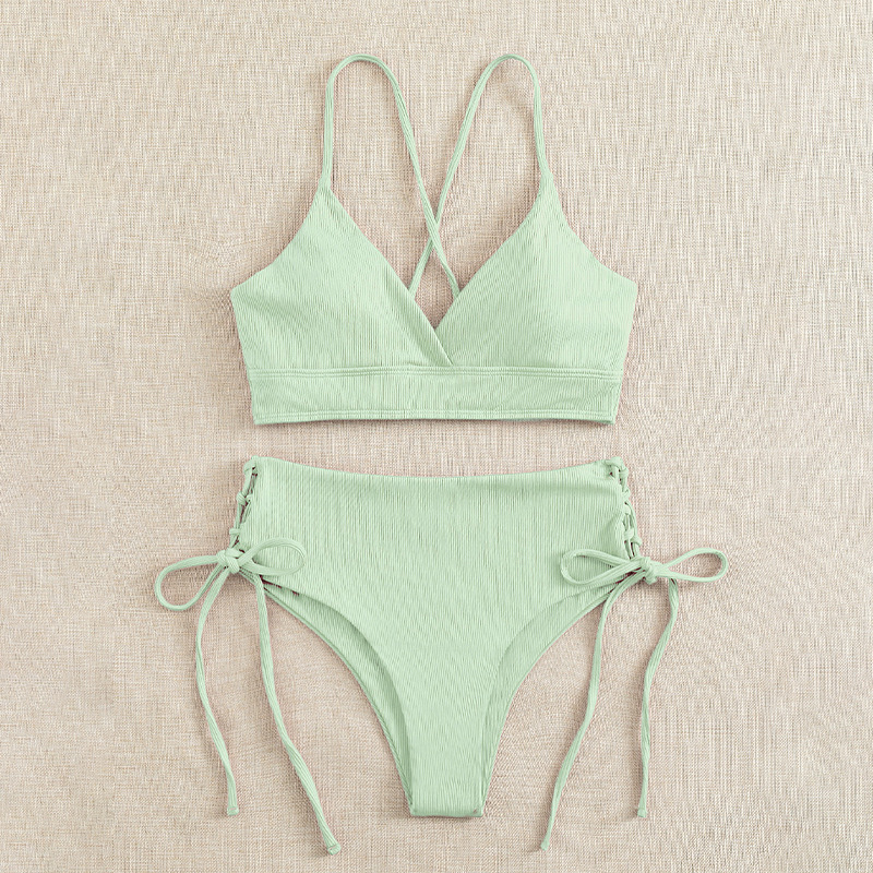 Cikini-ensemble bikini fendu à col en V pour femme, maillot de bain sexy, à lacets, bikini triangulaire, couleur unie, maillot de plage, maillot de bain