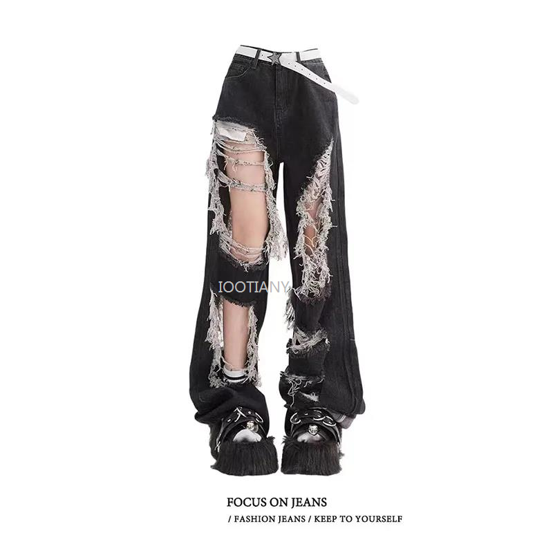 Jean gothique noir pour femmes, Style fille, Design de rue, pantalon déchiré effiloché des deux côtés, taille haute, Vintage, mode Y2K