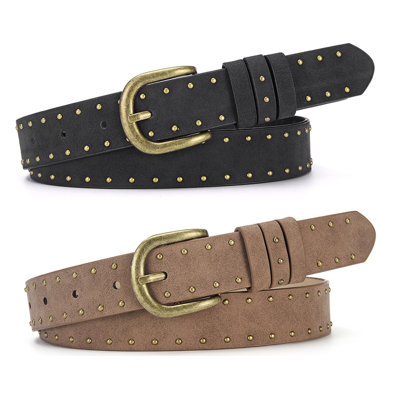 Ceinture à rivets en métal doré pour femmes, accessoires pour jeans décontractés, mode Goth rétro Y2k pour filles, ceinture à boucle ardillon en cuir Pu