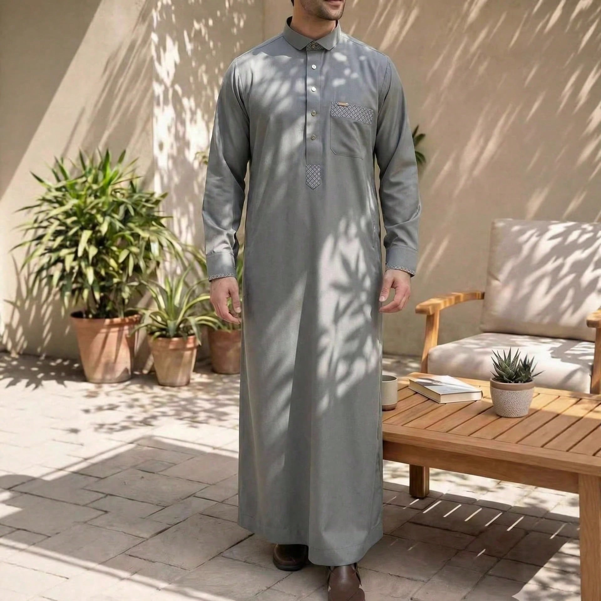 Robe longue à manches longues pour homme de style arabe, chemise à carreaux avec col et boutons décoratifs, vêtements de mode musulmane