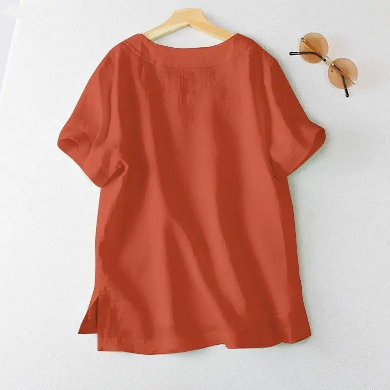 T-shirt d'été grande taille pour femmes, nouveau modèle décontracté en coton uni, col en V, manches courtes, coupe ample