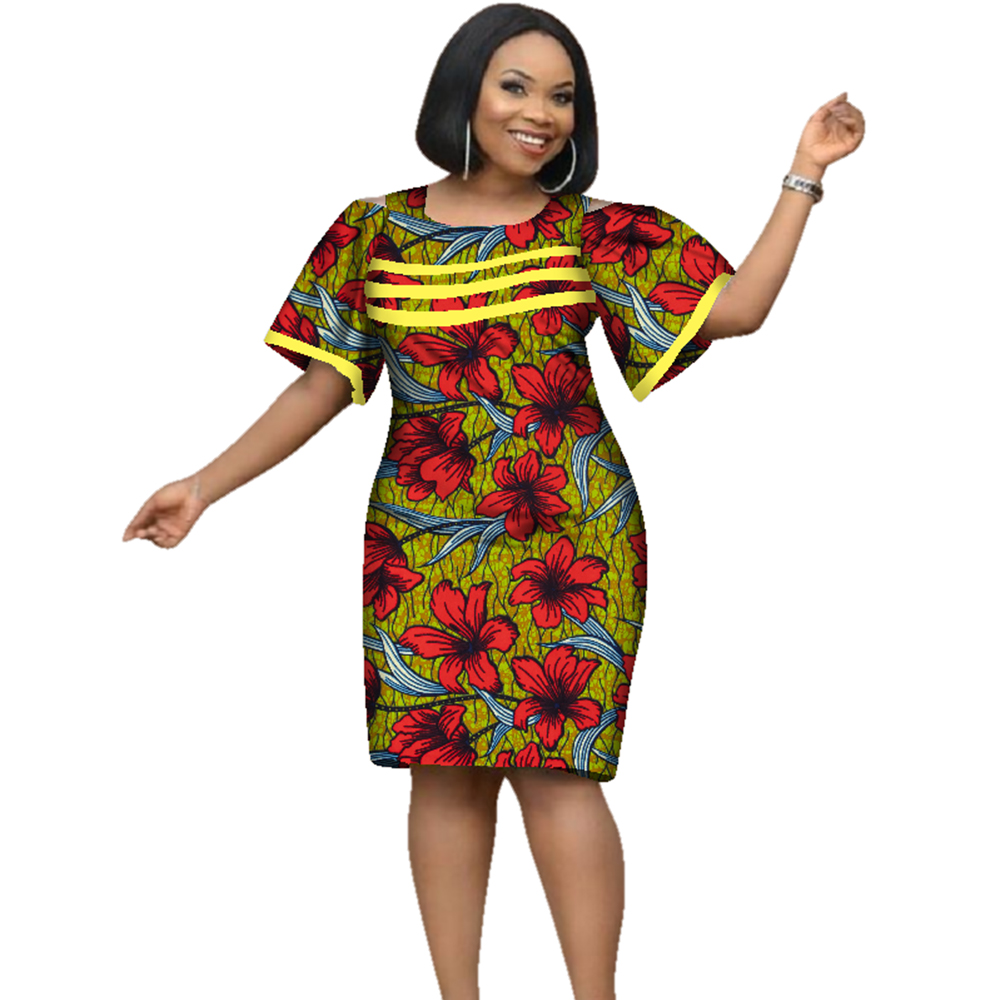 Robes africaines en coton pour femmes, imprimé Dashiki, manches courtes, col rond, robe crayon de bureau, WY2353