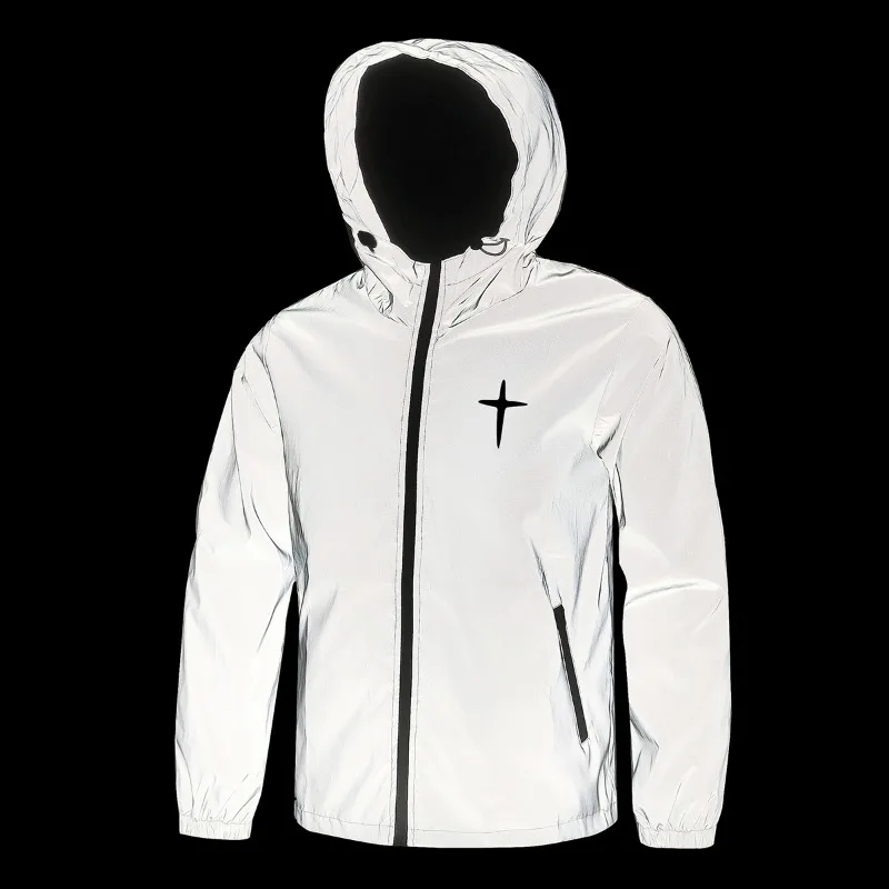 Veste réfléchissante de nuit pour hommes, manteaux à capuche coupe-vent imprimés croisés, Streetwear, cyclisme en plein air, survêtement, vêtements d'extérieur de sécurité