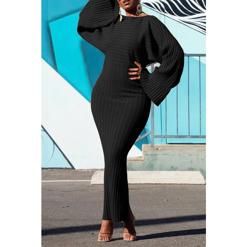 Robe noire en maille pour femme, col rond, manches longues, moulante, mi-longue, élégante, très extensible, légère et ample