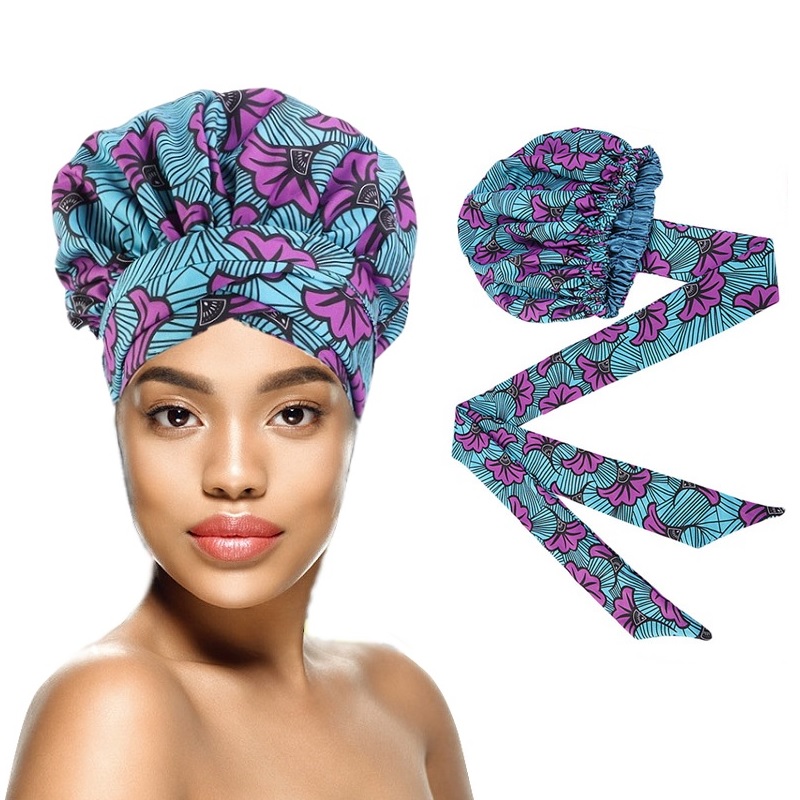 Bonnet en Satin Imprimé Africain pour Femme, Long Ruban Rond, Double Couche, Enveloppe de Sauna, Motif Ankara, Couvre-Cheveux, Grande Taille