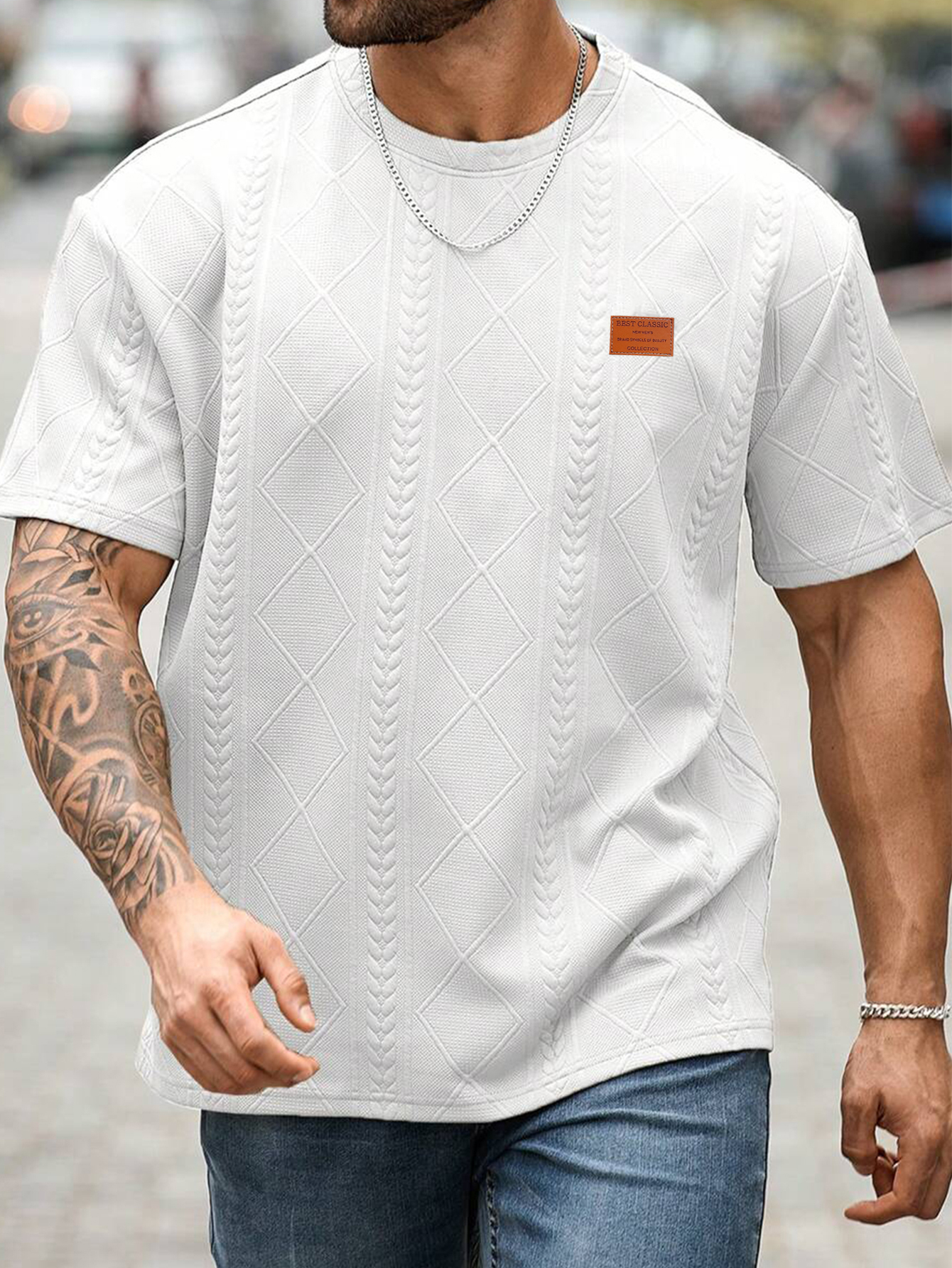 T-shirt jacquard à coupe classique pour homme, manches courtes, décontracté, pour la mode estivale, haut pour homme pour un usage quotidien