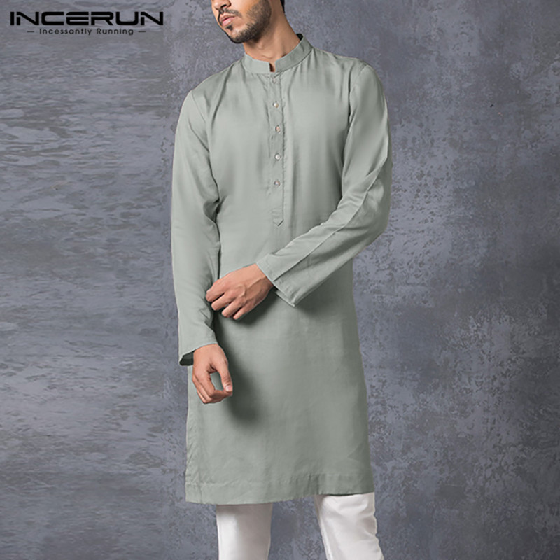 INCERUN hommes chemise musulmane col montant à manches longues islamique arabe caftan couleur unie Streetwear décontracté longues chemises hommes vêtements 5XL