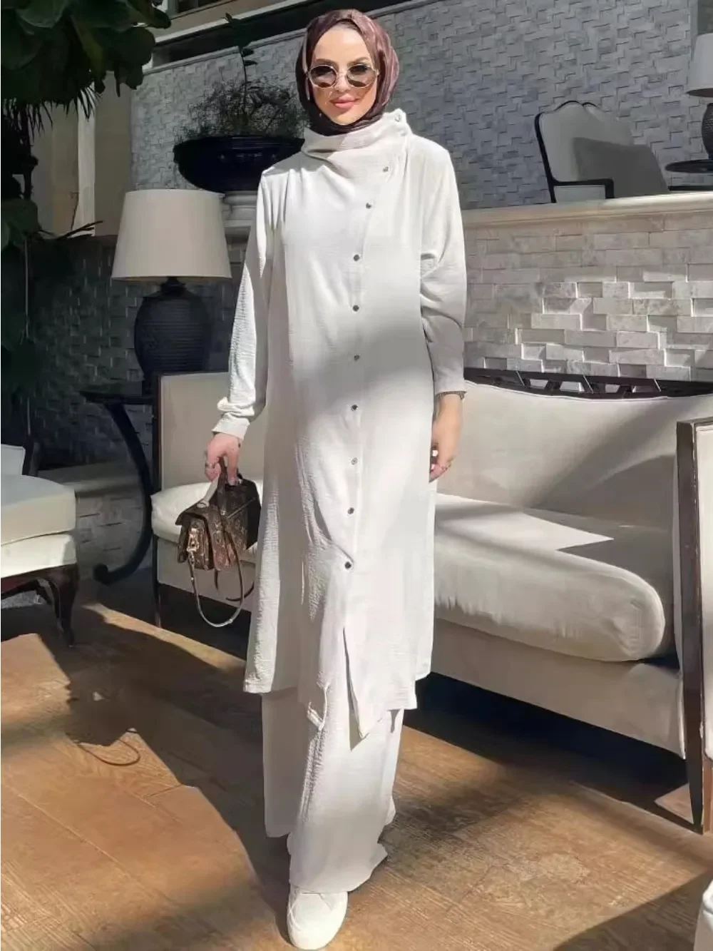 Ensemble 2 pièces pour femmes musulmanes, Cardigan Long, chemise avec pantalon à jambes larges, costume à simple boutonnage, tenues marocaines de dubaï, Ensemble musulman