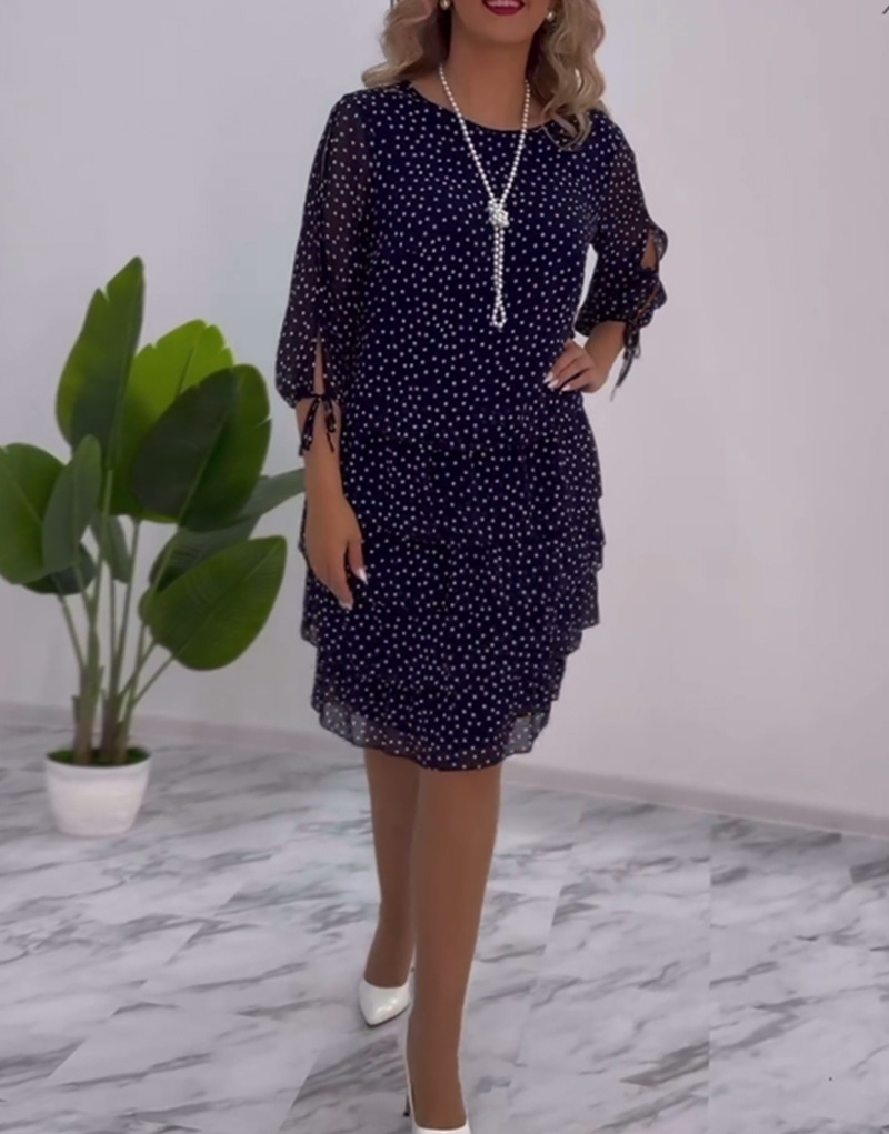 Robes femmes robe à plusieurs niveaux vague point imprimé col rond trois quarts manches mi-longue une ligne automne bureau dame robes