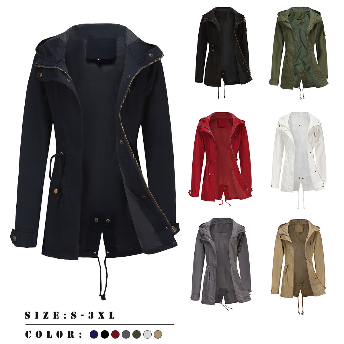 Manteau trench à capuche pour femme, grande taille, coupe ample, couleur unie, en coton imperméable, veste de printemps et d'automne, vêtement d'extérieur tendance