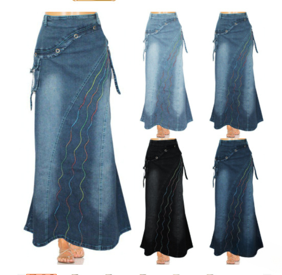Jupe longue taille haute en denim pour femme, imprimé vintage, tempérament, patchwork, poche, grande balançoire, jupes en queue de poisson pour femme, automne, 2024