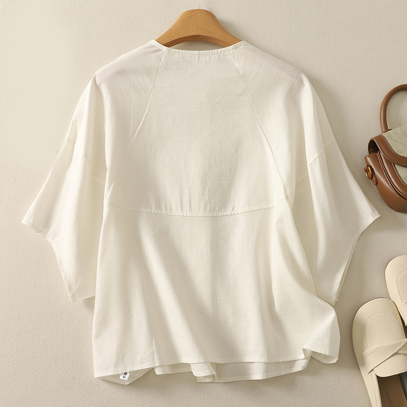 Chemise chauve-souris en coton chemisier femme été nouveau design de mode coréenne sens tempérament élégant ample décontracté col rond cardigan chemise