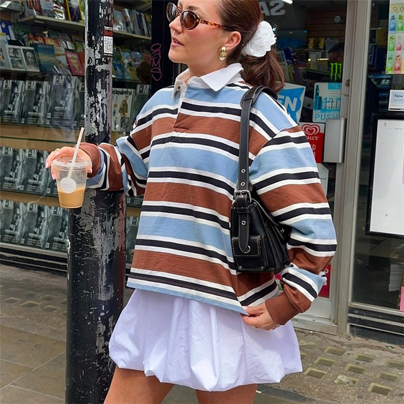 T-shirts rayés pour femmes hauts à manches longues col rabattu rue femmes T-shirts Preppy hauts pullover sweat-shirt esthétique