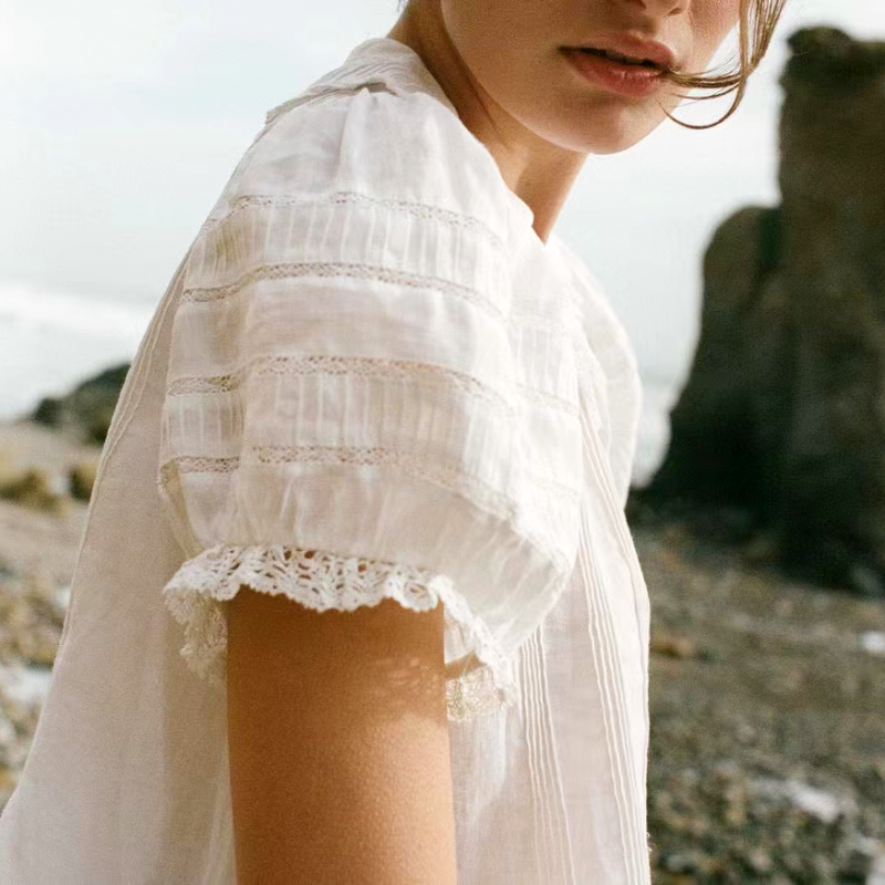 Chemisier Blanc en Dentelle 100% Coton pour Femme, Style Français, Manches Bouffantes, Garniture Ajourée, Sheery, Nouvelle Collection Été