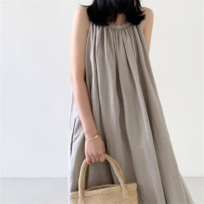 REALEFT-Robe Longue en Coton et Lin Précieux pour Femme, Vintage, Col Rond, Sans Bretelles, Nouvelle Collection Été 2024
