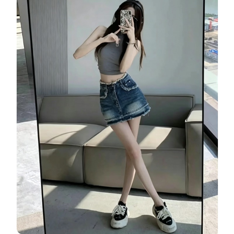 Jupe courte en jean vintage taille haute à ourlet effiloché pour femme, style streetwear été tendance