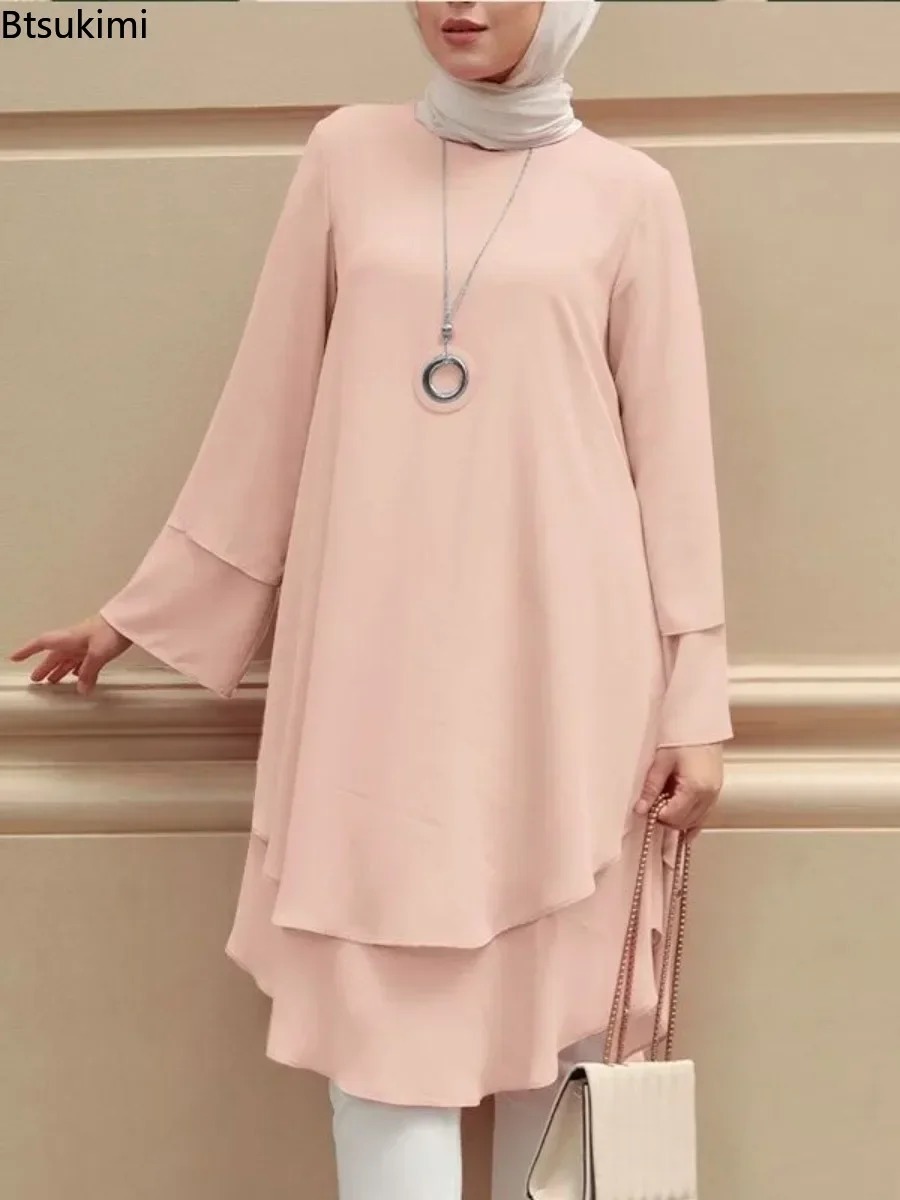 Nouvelles femmes musulmanes Blouse mode deux couches Design élégant femme vacances fête solide chemise hauts turquie longue Robe Abaya Hijab 2026