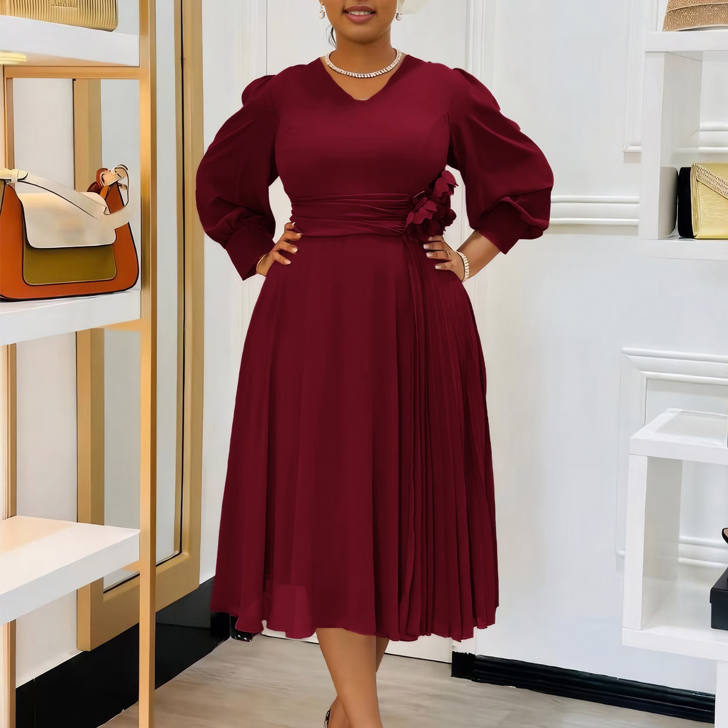 Robe longue pliable pour femmes, col en V, manches longues, fleur tridimensionnelle, taille serrée, Maxi, été, ligne A, 2025