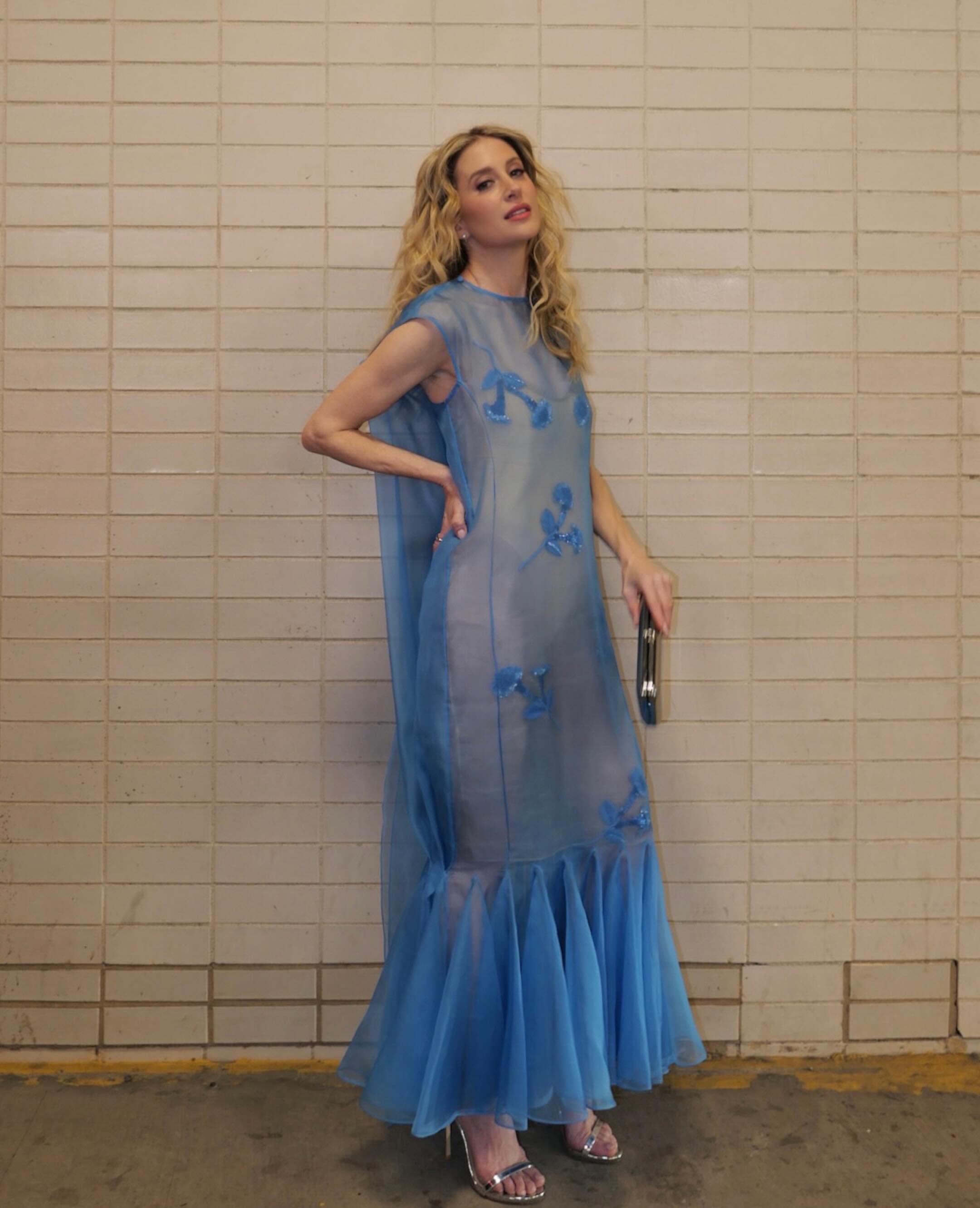 Nouvelle Robe Longue Élégante pour Femme en Maille Bleue, Col Montant, Broderie Florale, en Chiffon et Tulle, Robe de Soirée Formelle