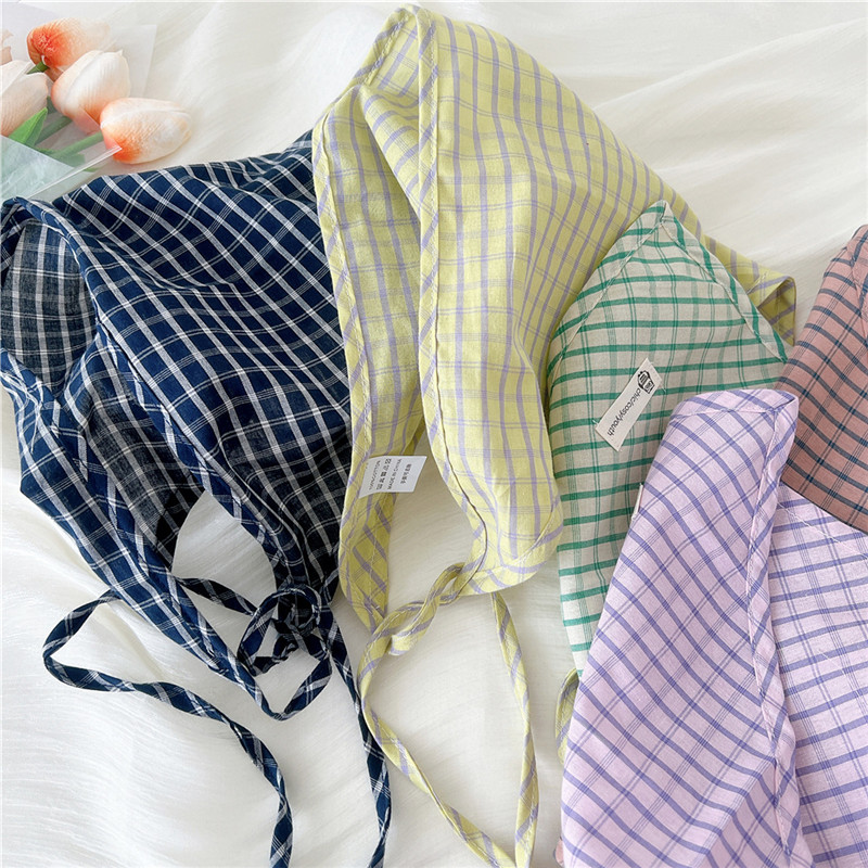 Écharpe Triangle en Coton et Lin pour Femme, Bandanas à Carreaux, Turban avec Sangle, Corde, Printemps, Été, Automne