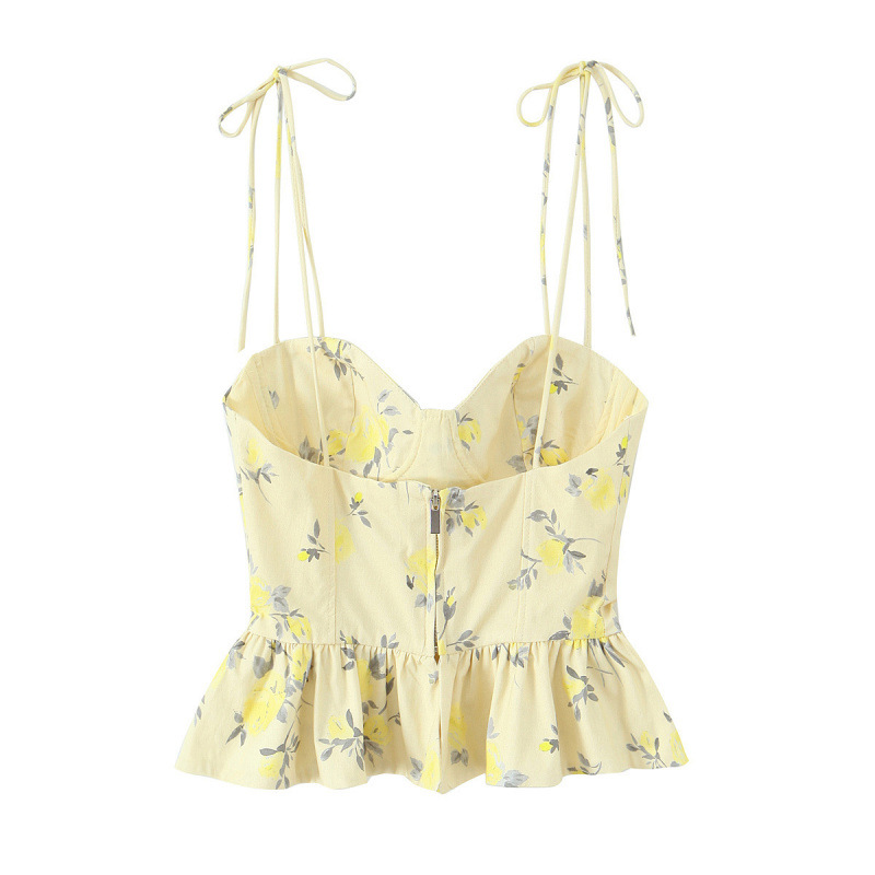 Haut court pour femme à imprimé floral, style français, col en V, sexy, à fines bretelles, dos nu, coupe ajustée, avec volants, pour l'été