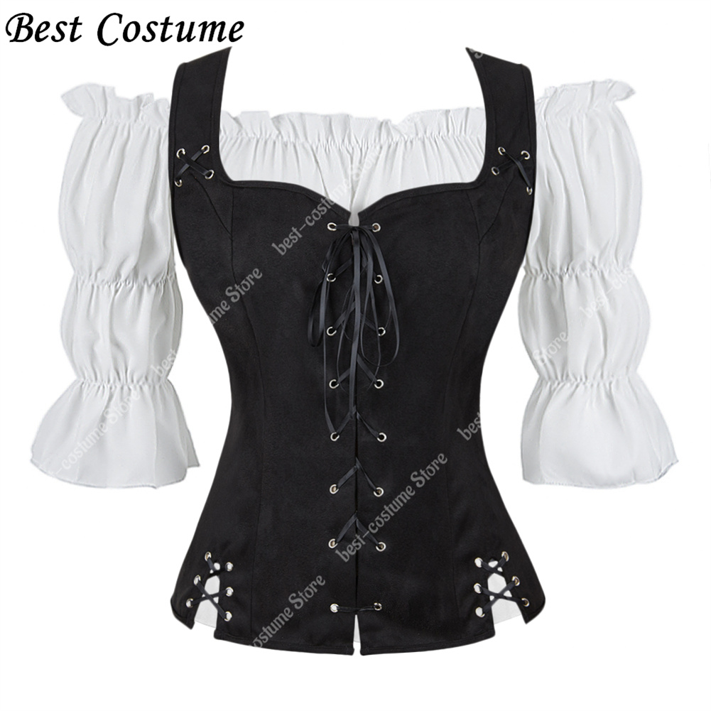 Costume de Pirate pour femmes, gilet médiéval, Cosplay, grande taille, chemisier médiéval, hauts, ensemble 2 pièces, gilet Renaissance, marron, noir, bleu