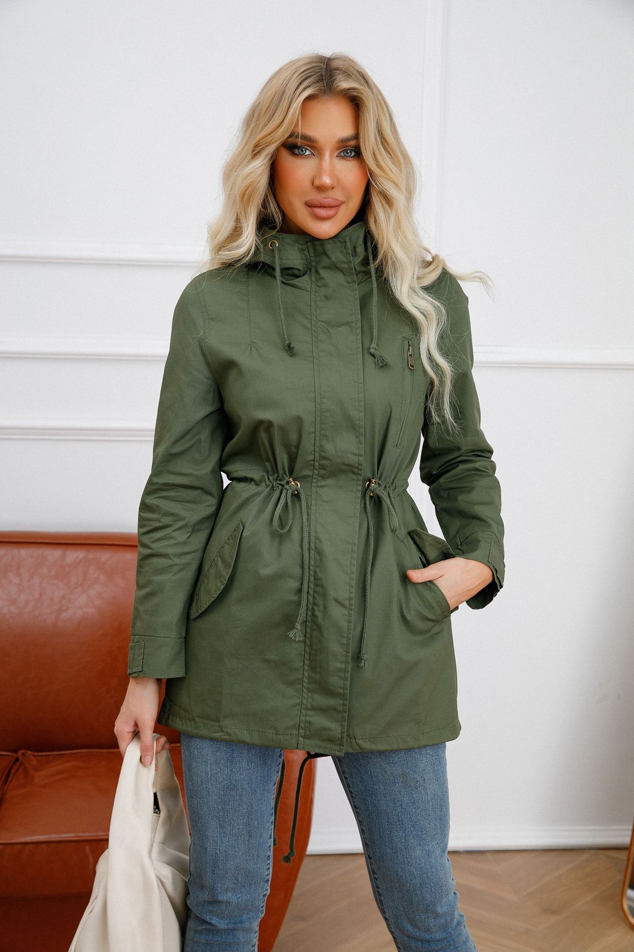 Manteau trench à capuche pour femme, grande taille, coupe ample, couleur unie, en coton imperméable, veste de printemps et d'automne, vêtement d'extérieur tendance