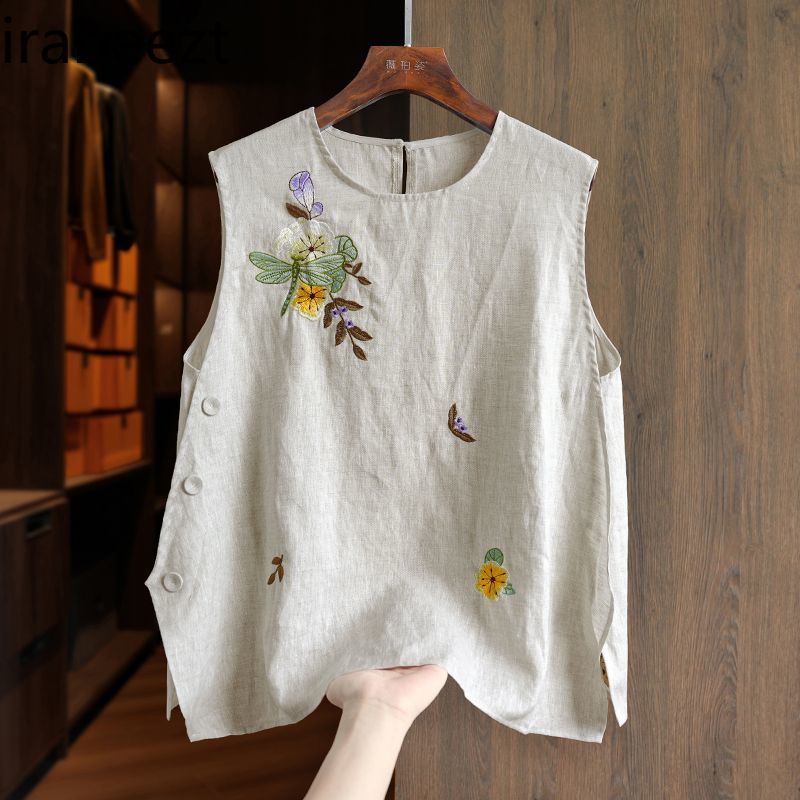 Gilet brodé en lin de Style chinois pour femmes, sans manches, ample, style Boho, tunique décontractée, débardeur d'été pour femmes