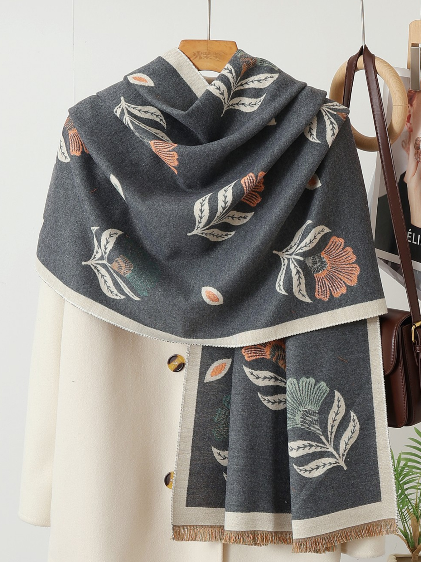 Nouvelle Écharpe de Luxe pour Femme, Imprimé Feuilles Tombées, Châle Chaud Automne Hiver, Pashmina, Foulard, Bufanda