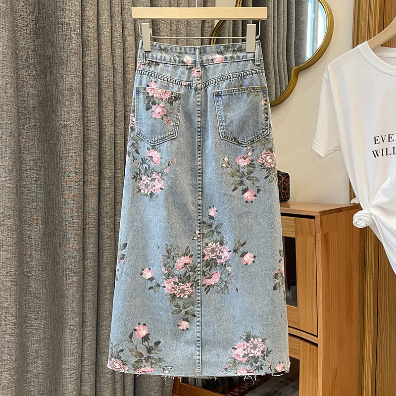 Imprimé fleuri Denim jupes longues femmes été Vintage Maxi jean jupe taille S - 5XL côté fendu taille haute femmes jupe longue coréenne