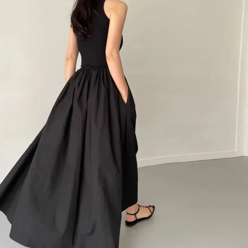 Robe Longue Noire Élégante et Simple pour Femme, Tenue à Col Rond, Taille Haute, Nouvelle Collection Été