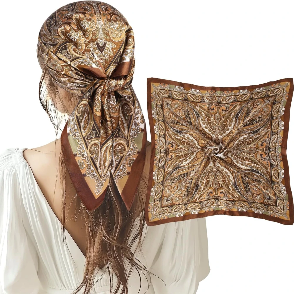 1 pièces 27,5 pouces foulard en satin soie comme écharpe de cheveux tache Bandana enveloppe de cheveux foulard pour les femmes (marron)